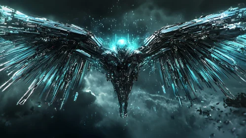 Cyberpunk Metallic Bird Illuminated in the Clouds
