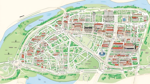 Aerial View City Map with Streets and Green Spaces