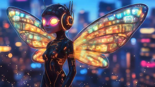 Technological Cyborg with Neon Wings in Urban Setting