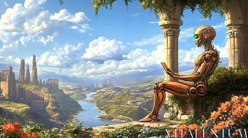Robot Overlooking Futuristic Landscape