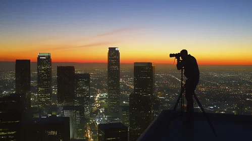 Silhouette of Photographer Overlooking City at Dusk