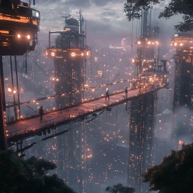 Neon Skyline with Suspended Walkway in Twilight