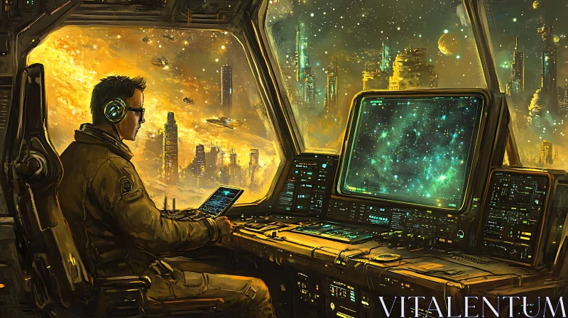 Sci-fi Control Room with Interstellar City View