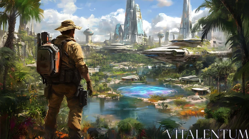 Explorer in a Futuristic Jungle Metropolis