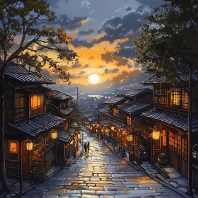 Charming Lantern-Lit Street at Sunset