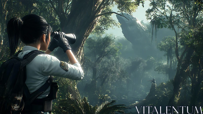 Person Observing Forest Landscape with Binoculars