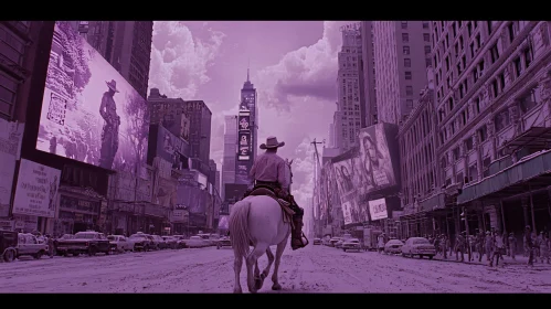 Urban Cowboy in Purple-Toned Metropolis