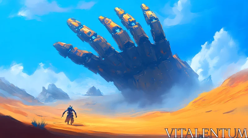 Giant Robotic Hand in Sandy Desert AI Image