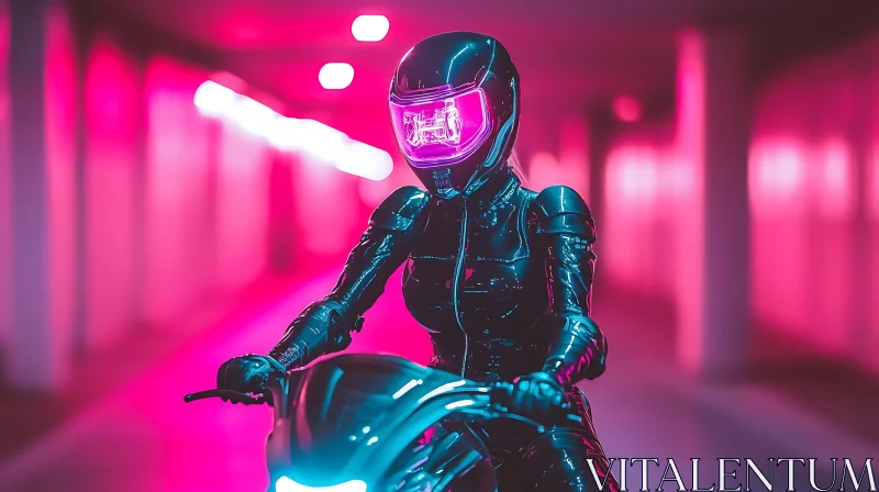 Techno Rider in Neon Corridor AI Image