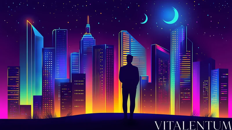 AI ART Neon Lit Cityscape with Silhouette and Stars