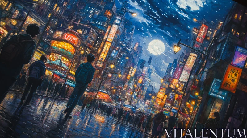 AI ART Nighttime Cityscape with Bright Lights and Crowds