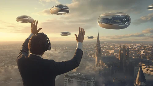 Man Interacting with Futuristic Flying Devices Over City