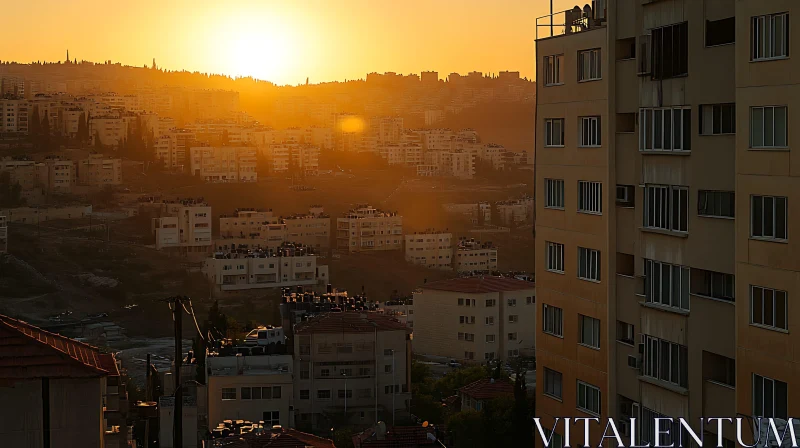 Sunset Over City Horizon with Buildings AI Image