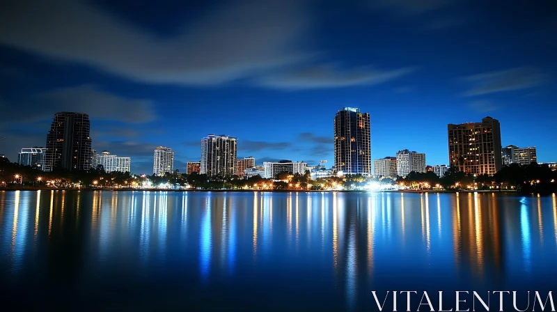 Urban Skyline at Night with Reflections AI Image