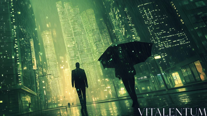 Rainy Night Walk in a Futuristic City AI Image