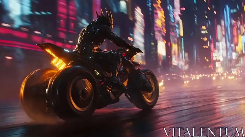 Cyberpunk City Nightscape with Futuristic Biker AI Image