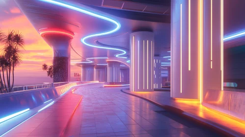 Neon-Lit Modern Architectural Space at Dusk