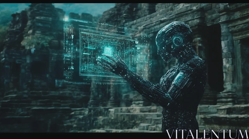 Futuristic Cyborg amidst Ancient Structures AI Image