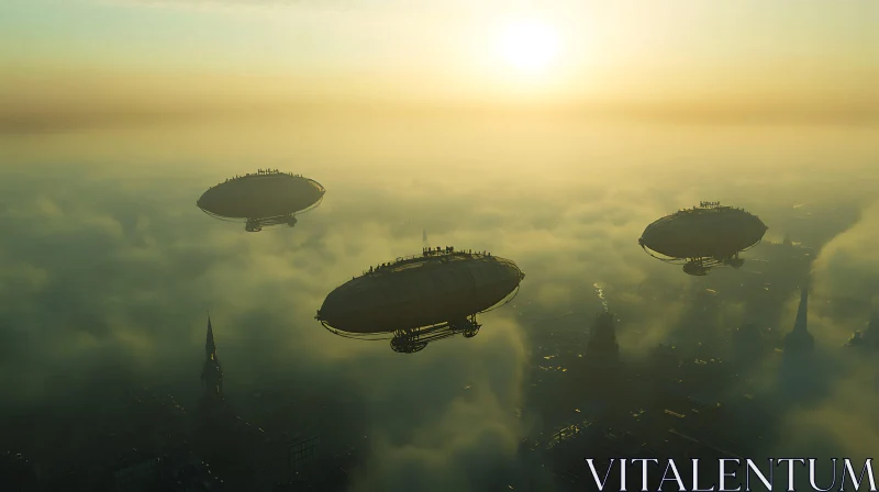 AI ART Futuristic Airships Floating Over a Misty City