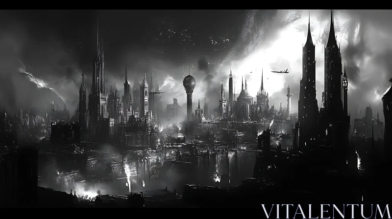 Dystopian Gothic Skyline in Black and White AI Image