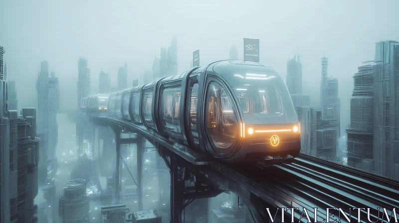 Sleek Modern Train in a Foggy Metropolis AI Image