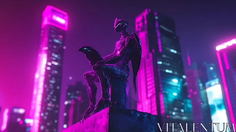 Reflective Robot in Cyberpunk Neon City AI Image