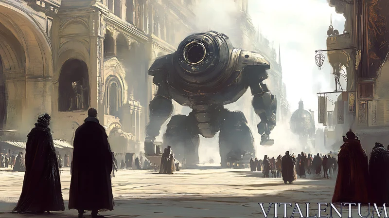 Futuristic Robot Amidst Antique Architecture AI Image