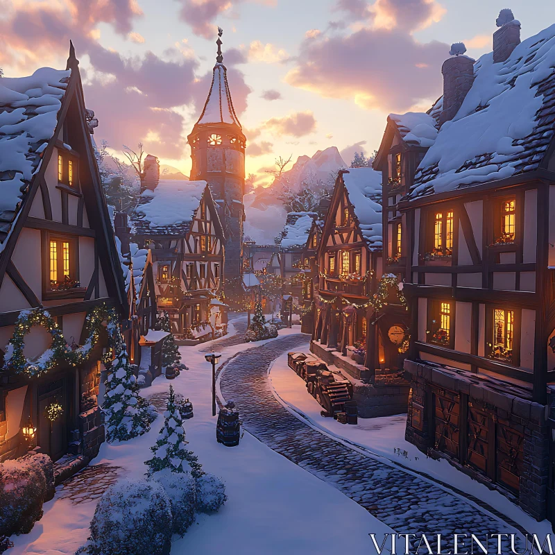 Winter Village Street with Sunset AI Image