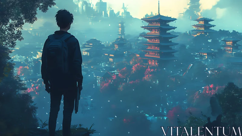 Lone Explorer Overlooks Enchanted Pagoda City AI Image