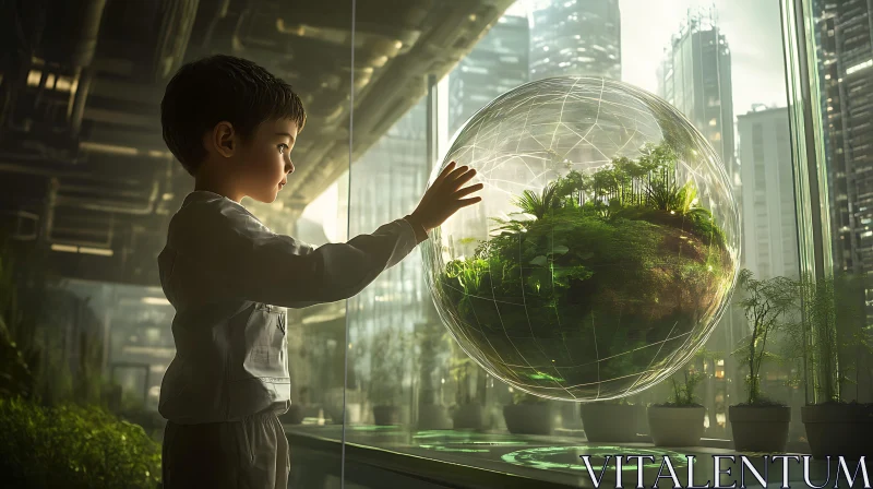 Boy Admiring Holographic Nature in Futuristic City AI Image