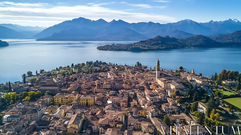 AI ART Idyllic Town by Lake with Mountain Views - Aerial Shot