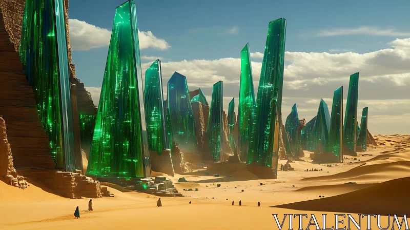 Enormous Green Crystals in a Desert Landscape AI Image