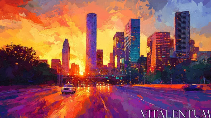 AI ART Sunset Over Urban Skyscrapers