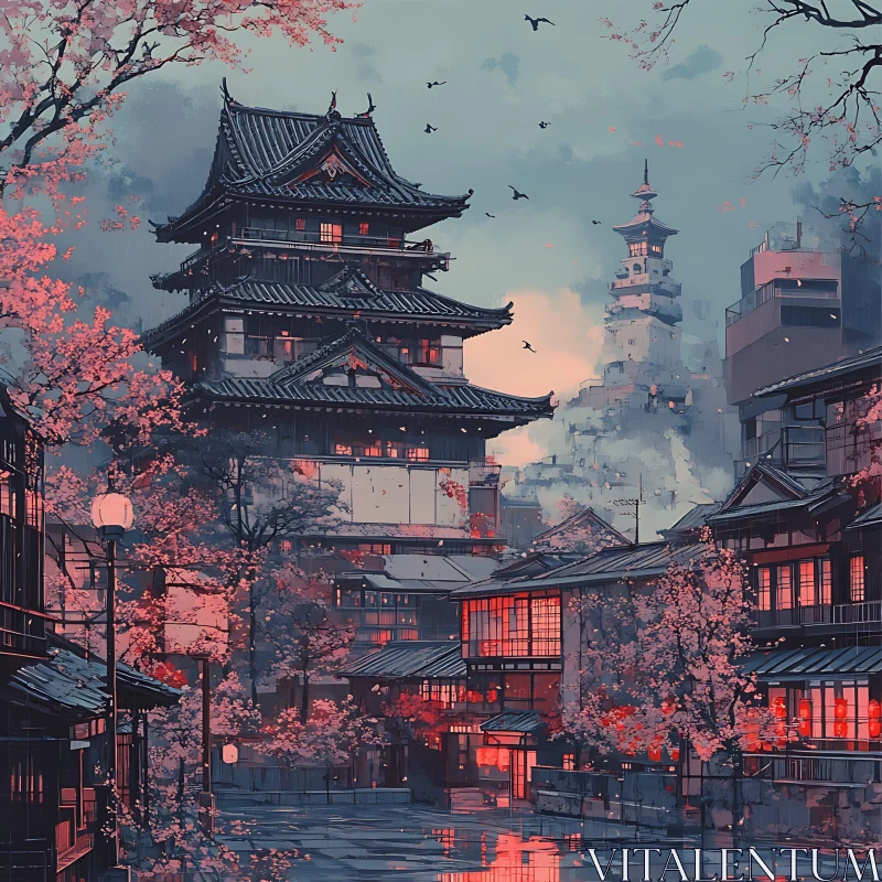 Japanese Temple Amidst Evening Cherry Blossoms AI Image