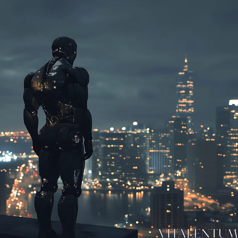 AI ART Cyborg Gazing Over a City at Night