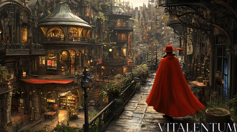 AI ART Enigmatic Red-Cloaked Traveler in Steampunk Cityscape