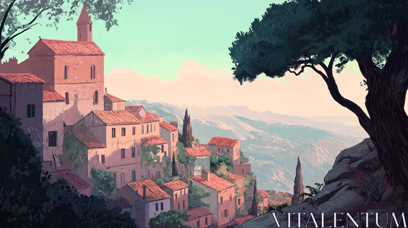 Quaint Mediterranean Village Landscape AI Image