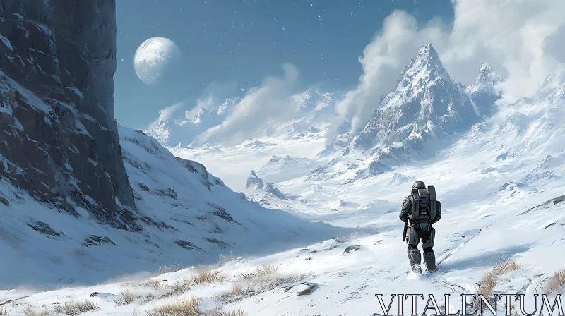 Solitary Adventurer in Snowy Peaks with a Distant Planet AI Image