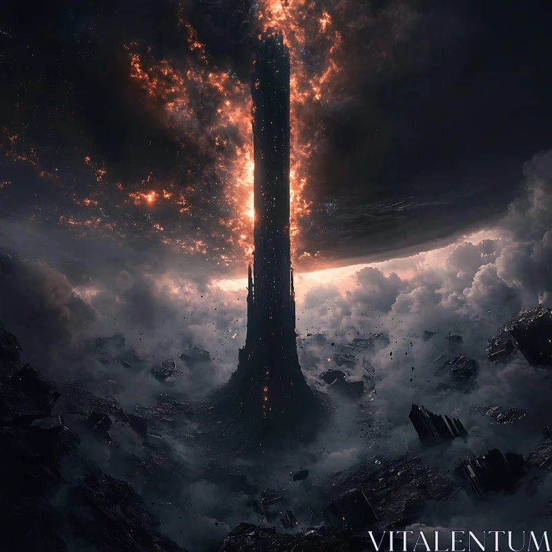 Dark Tower in Apocalyptic Landscape AI Image