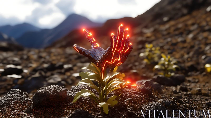 Robotic Hand Amidst Mountainous Landscape with Green Plant AI Image