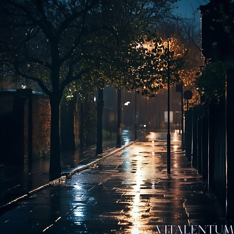 Serene Night Rainfall on an Empty Street AI Image