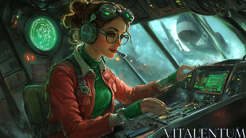 AI ART Woman Pilot in High-Tech Cockpit