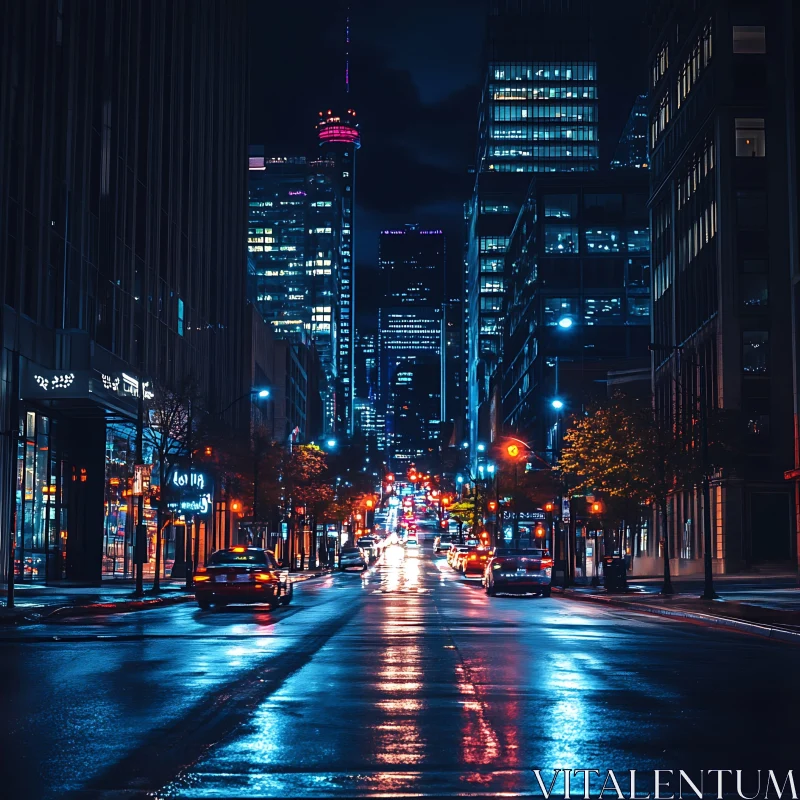 Nighttime Urban Landscape with Illuminated Skyscrapers AI Image