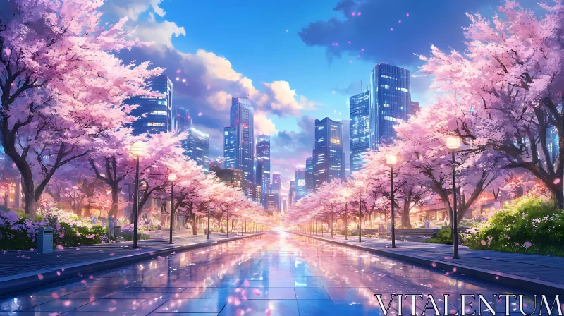 Twilight Cityscape with Cherry Blossoms AI Image