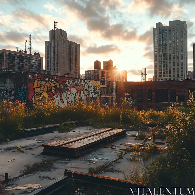 Graffiti-Covered Rooftop in Sunset Cityscape AI Image