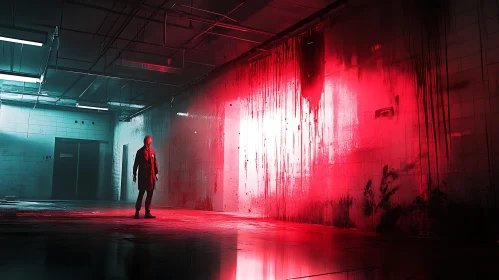 Mysterious Warehouse with Lone Figure and Intense Lighting