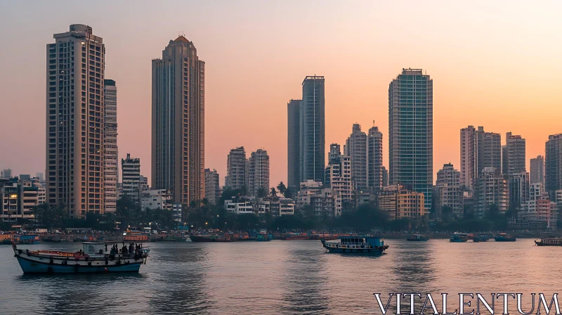 Urban Sunset Skyline with Boats AI Image