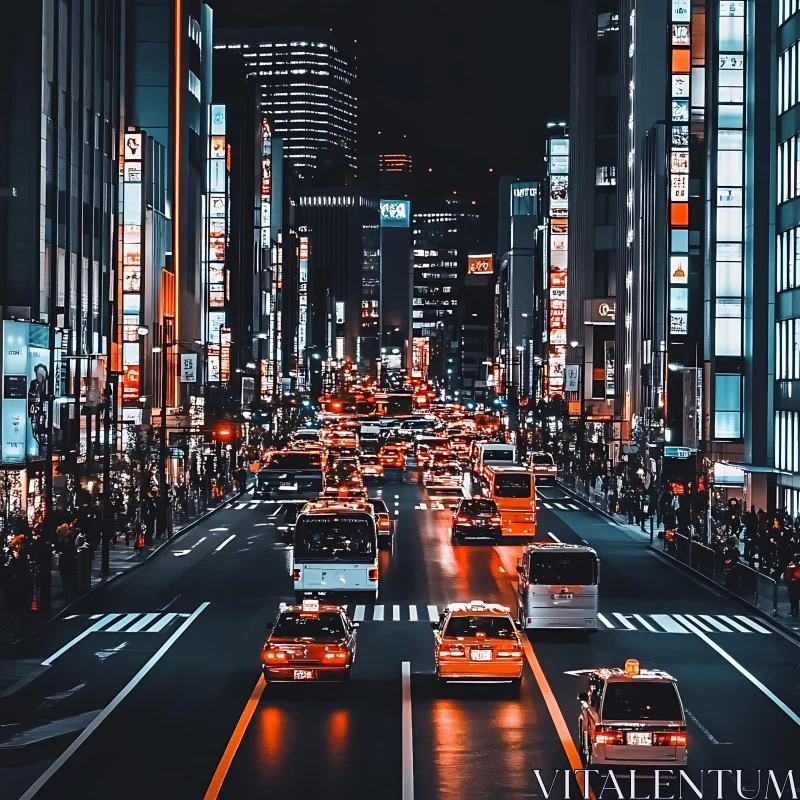 Night Traffic in a Lively City AI Image