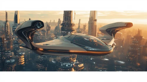 Advanced Flying Vehicle in a Futuristic Sunset City