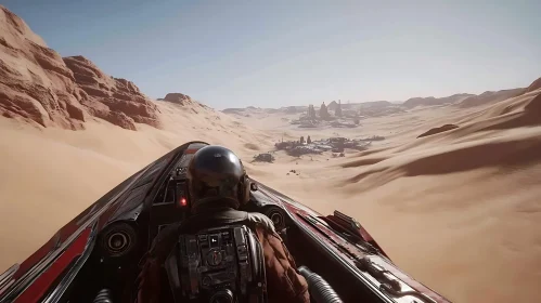 Spaceship Gliding Over Desert Dunes